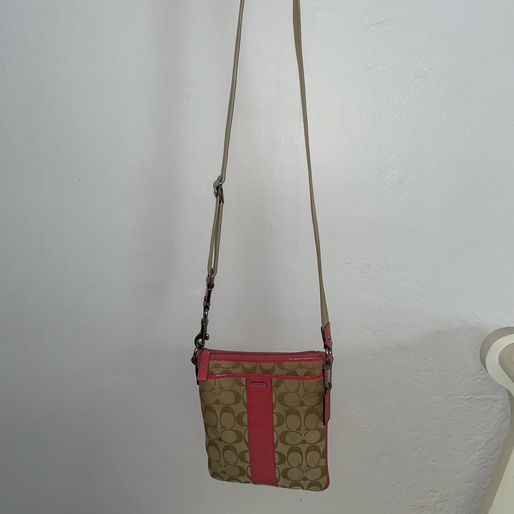 Coach Salmon Pink And Tan Logo Crossbody Bag Gem